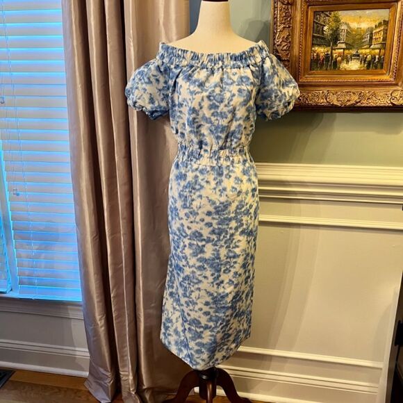 NWT J.Crew Off-Shoulder Midi Dress in Blue & White Antique Ikat Floral Size 8 - Picture 4 of 5
